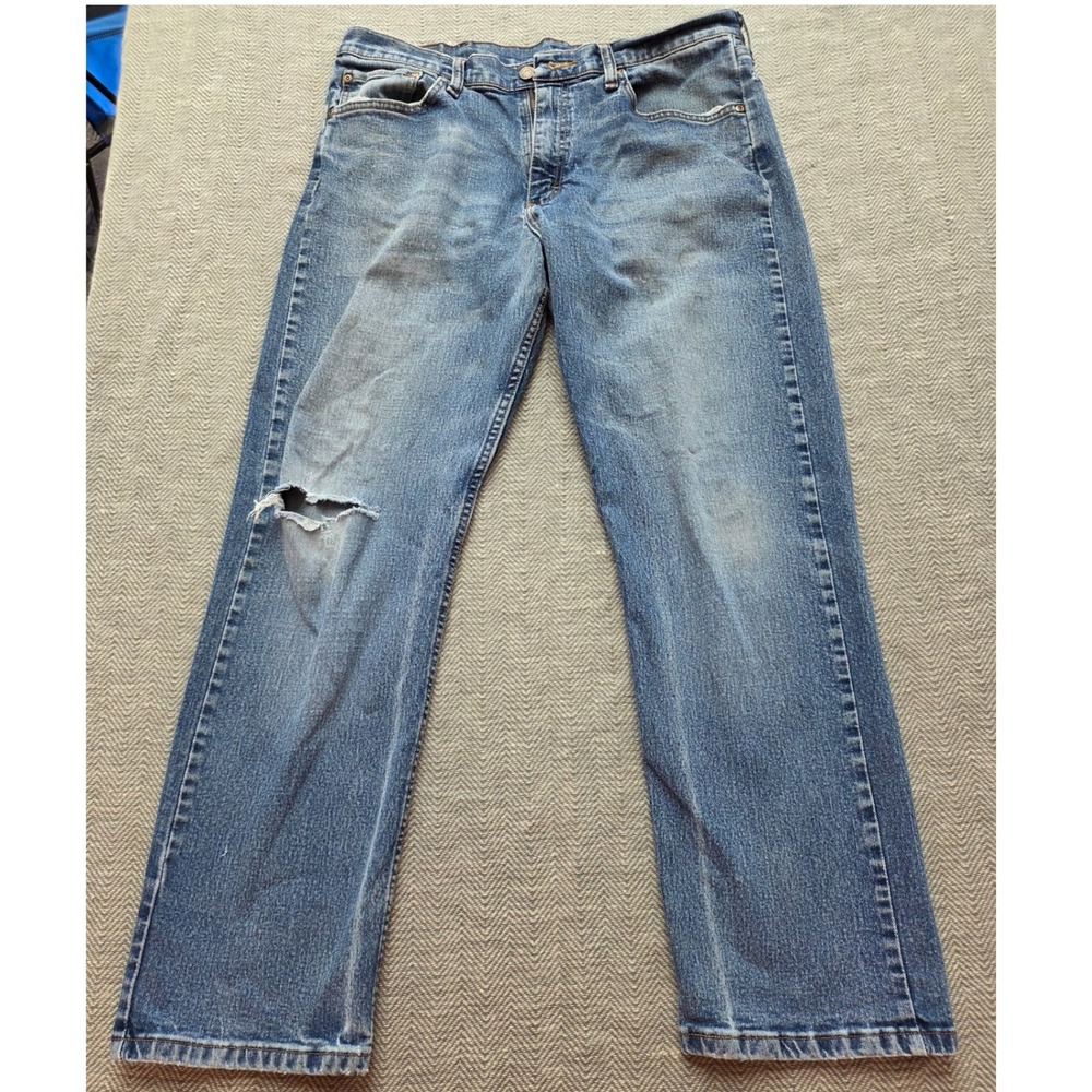 Wrangler Five Star Premium Denim Mens 34x30 Straight Leg Distressed Jeans Blue